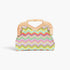 Beach Rose Co. clutch featuring a light wood frame and a colorful chevron pattern in faux straw fabric