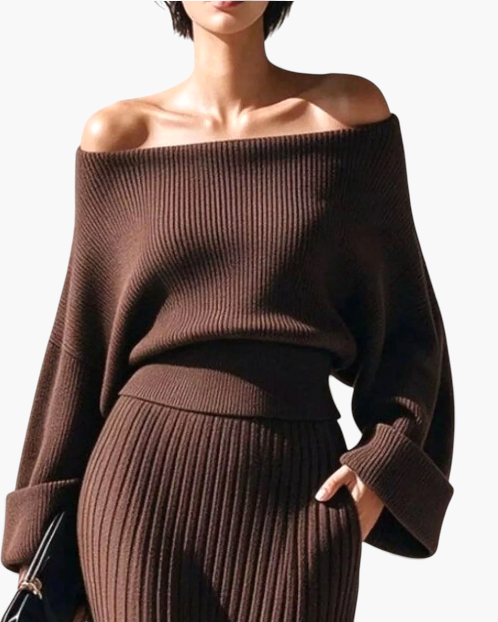 Beach Rose Co. chocolate brown off-shoulder ribbed knit sweater and midi skirt set with wide cuffs.