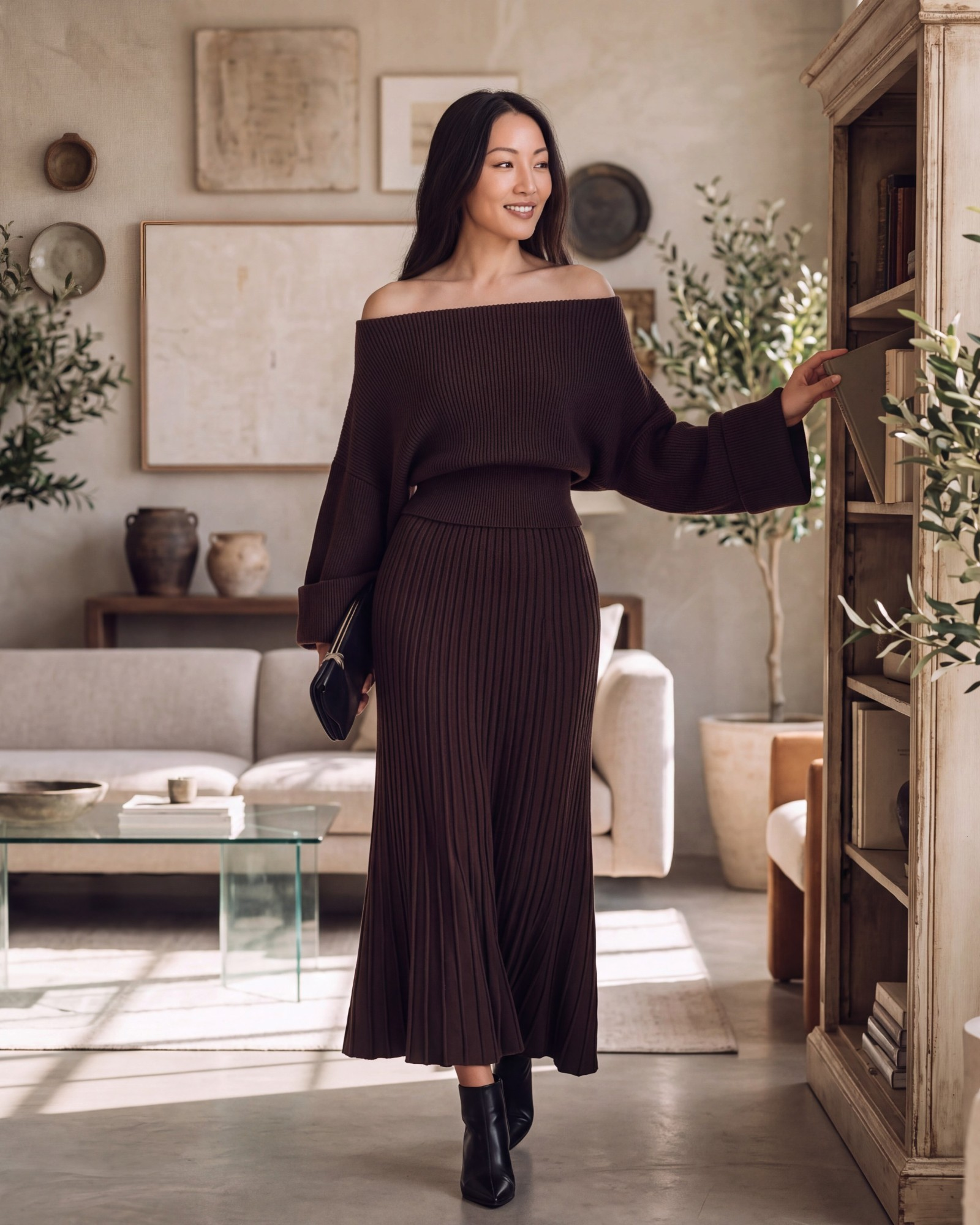 Beach Rose Co. chocolate brown ribbed off-shoulder sweater and midi skirt set with flared hem.