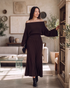 Beach Rose Co. chocolate brown ribbed off-shoulder sweater and midi skirt set with flared hem.