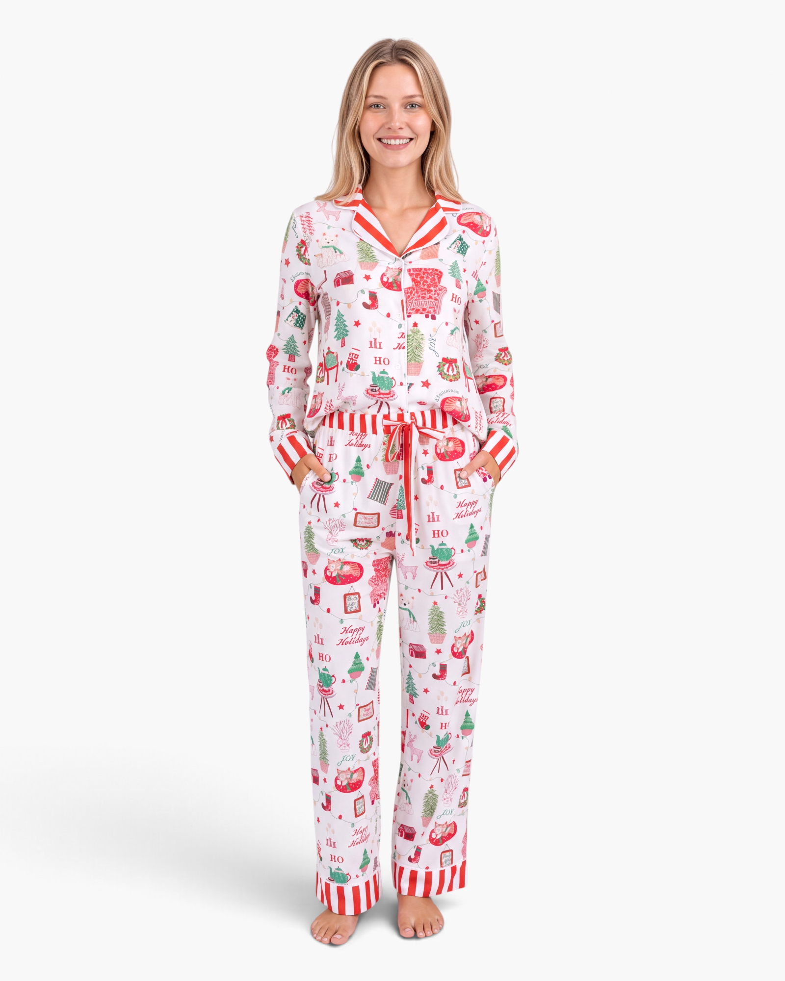 Beach Rose Co. white viscose pajama set with festive Christmas print, red striped trim, and button-front top.