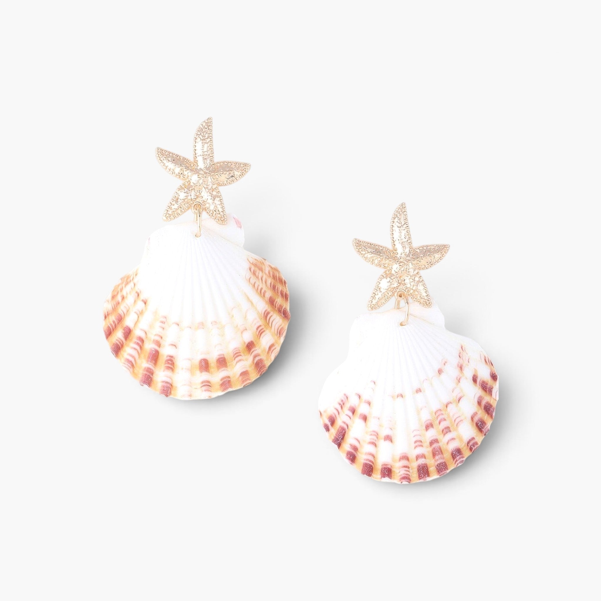Beach Rose Co. Under the Sea clam earrings featuring white and brown shells with gold starfish accents.