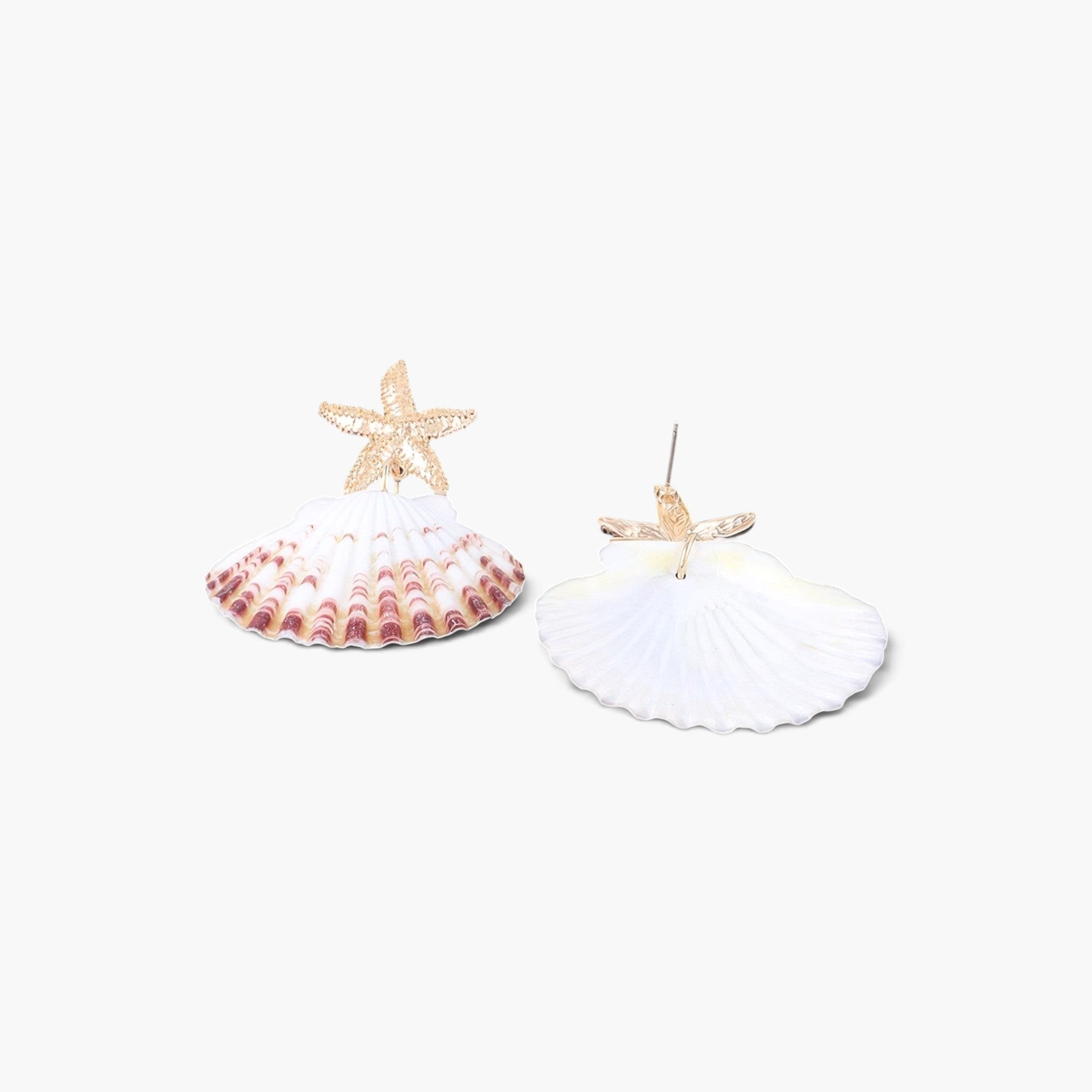 Beach Rose Co. Under the Sea clam earrings featuring white shells with gold starfish accents on a white background.
