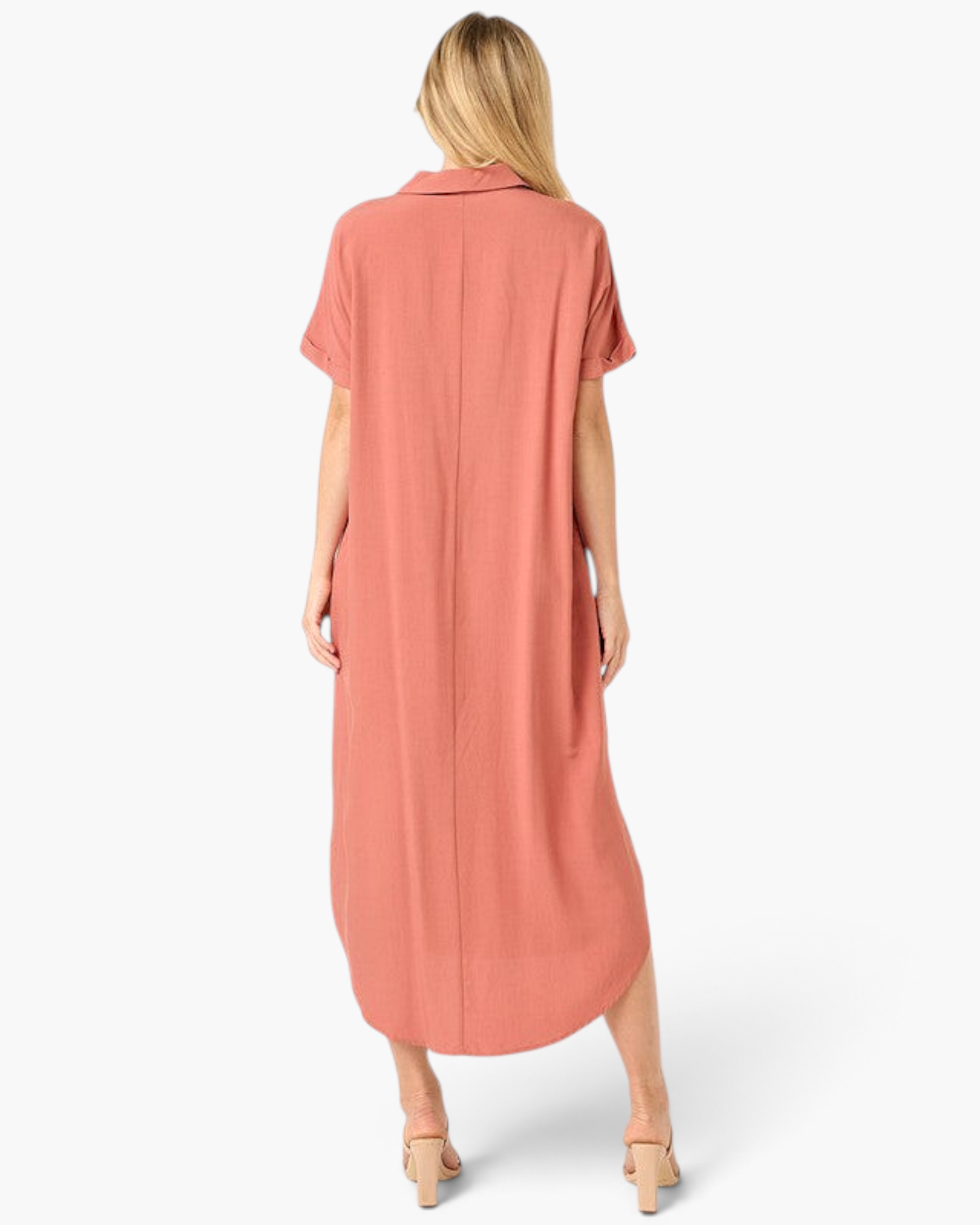 Back view of a Beach Rose Co. clay midi shirt dress in soft Tencel-modal with a curved hem and relaxed draped fit.