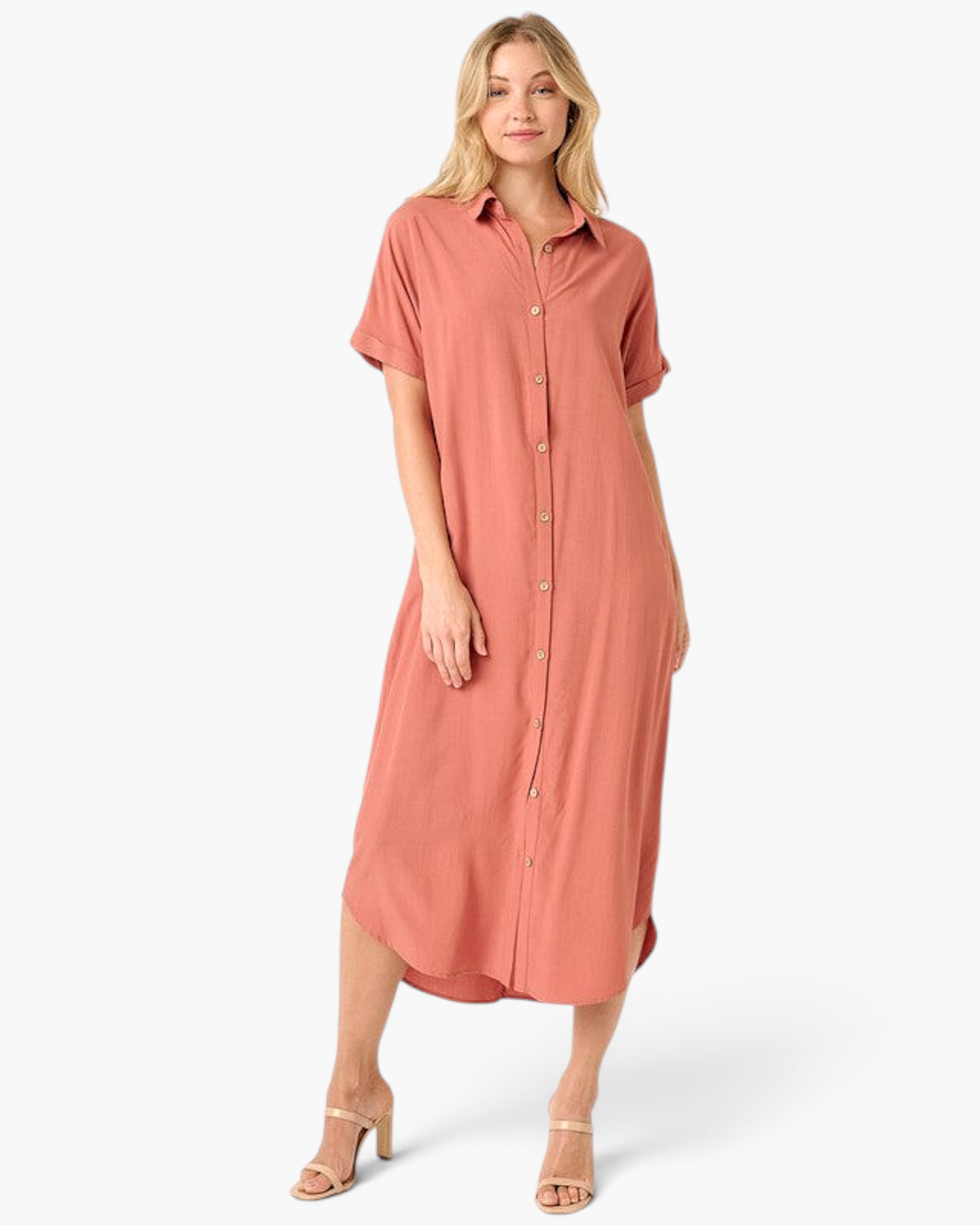Beach Rose Co. clay midi shirt dress in soft Tencel-modal with a button-front, classic collar, and cuffed sleeves.