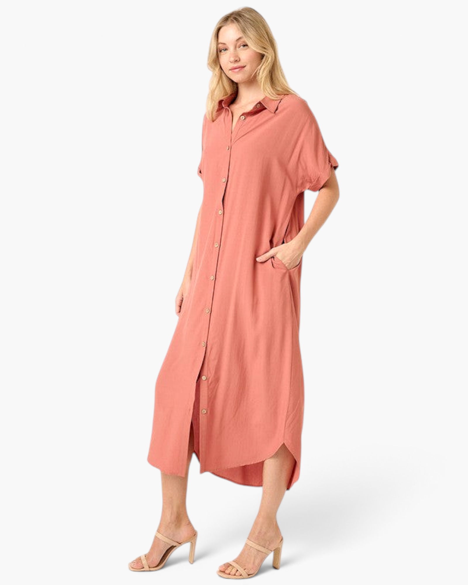 Beach Rose Co. clay midi shirt dress in soft Tencel-modal with a button-front, collar, and side pockets on a model.