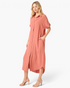 Beach Rose Co. clay midi shirt dress in soft Tencel-modal with a button-front, collar, and side pockets on a model.