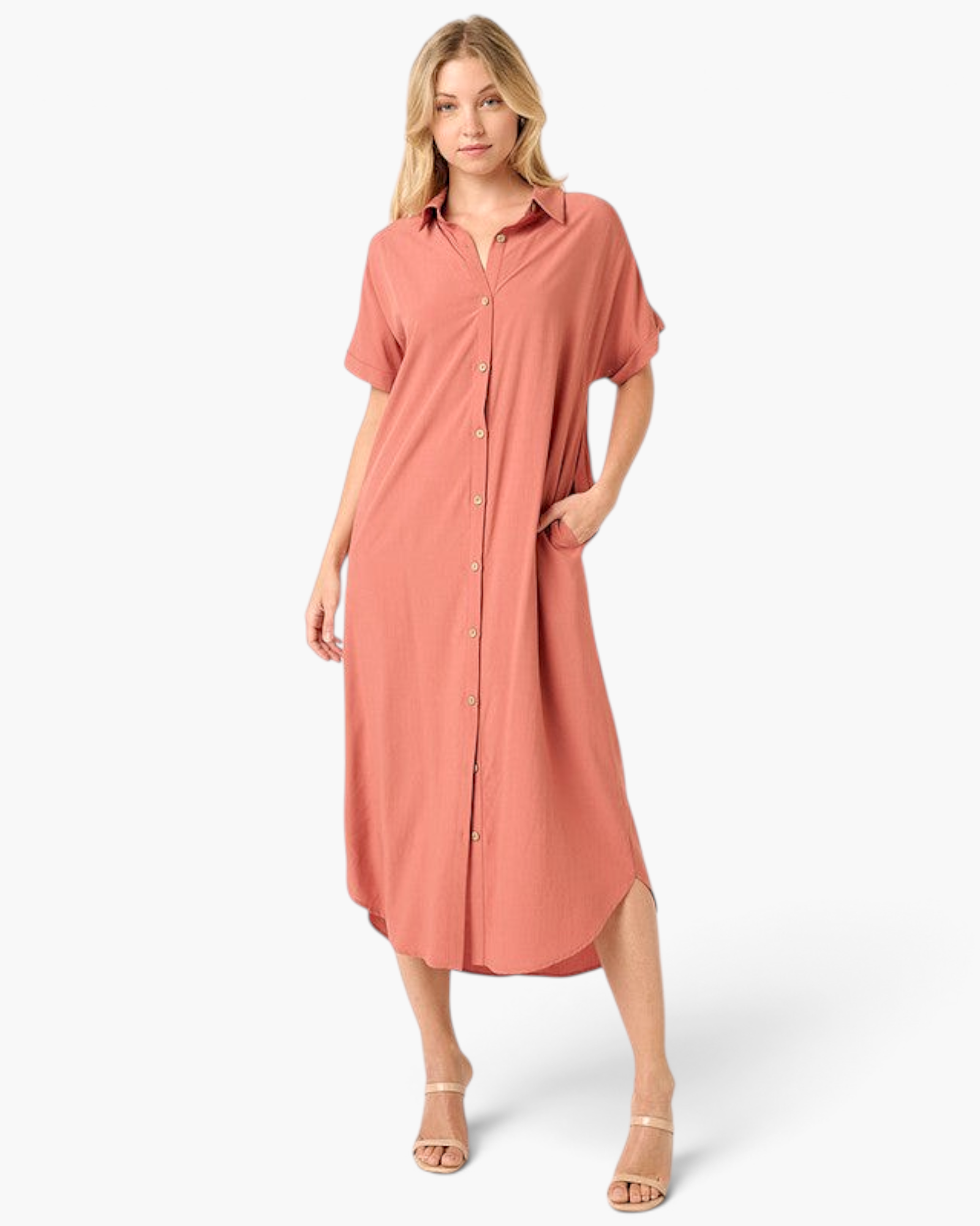 Beach Rose Co. clay midi shirt dress with button front, collar, and side pockets on a blonde model