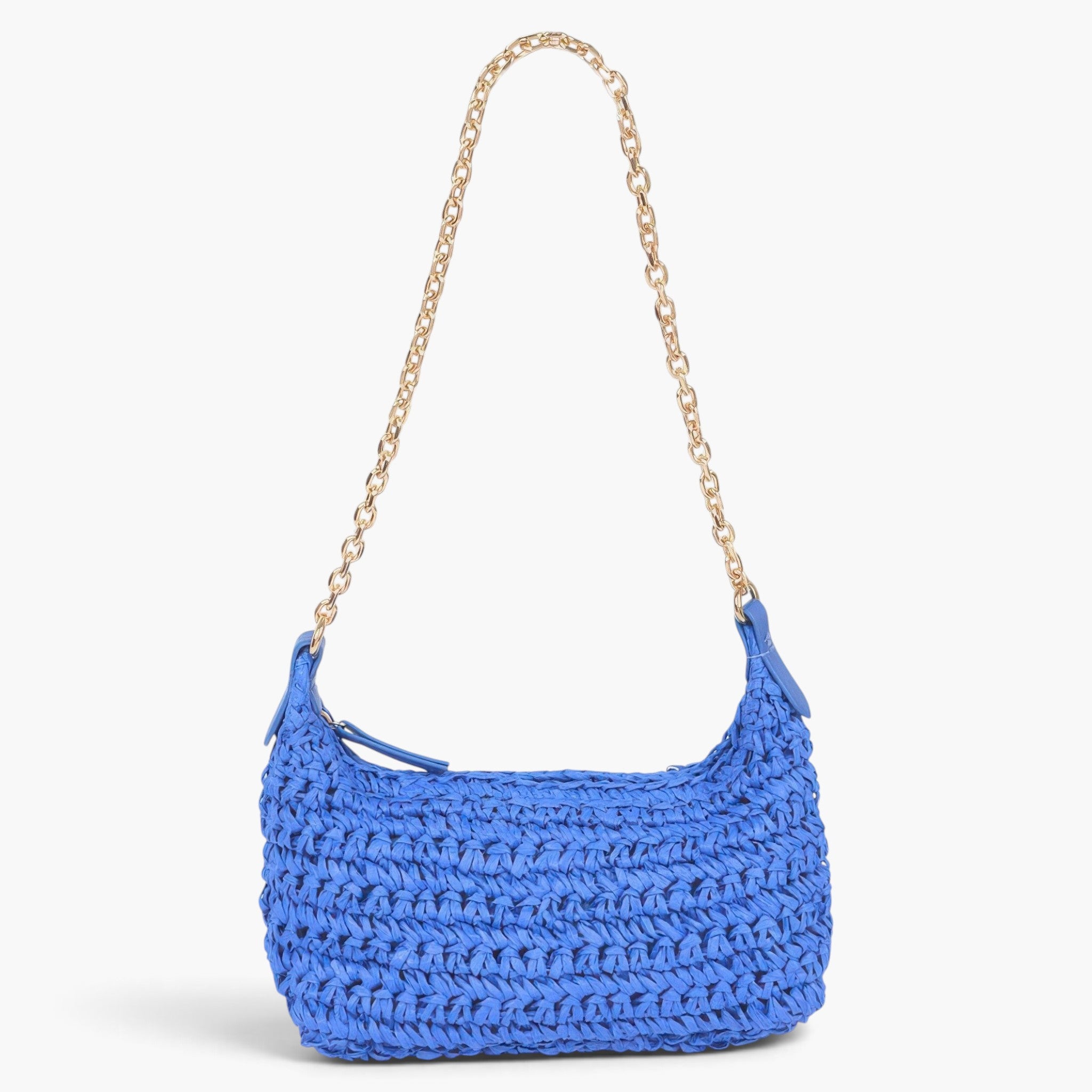 Beach Rose Co. cobalt blue faux straw shoulder clutch with a gold-tone chain strap and zip closure.