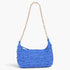 Beach Rose Co. cobalt blue faux straw shoulder clutch with a gold-tone chain strap and zip closure.