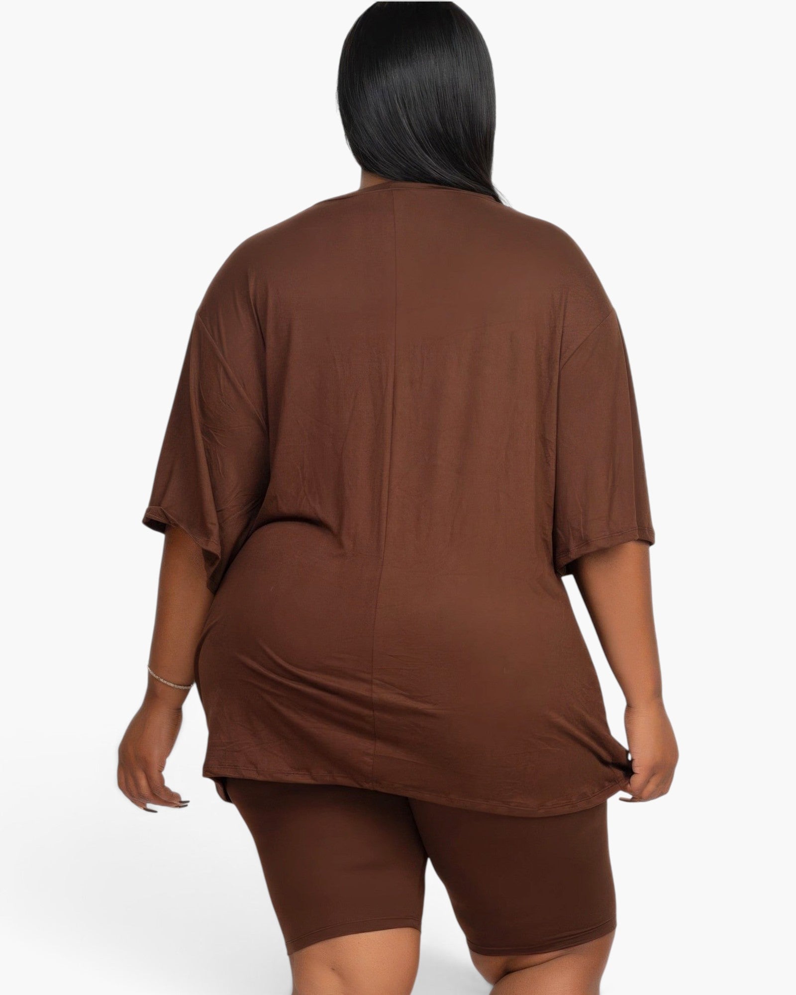 Beach Rose Co. plus size coffee brown loose fit top and biker shorts set seen from the back