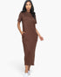 Beach Rose Co. coffee brown midi tee dress with short sleeves and side pockets worn by a model on a white background