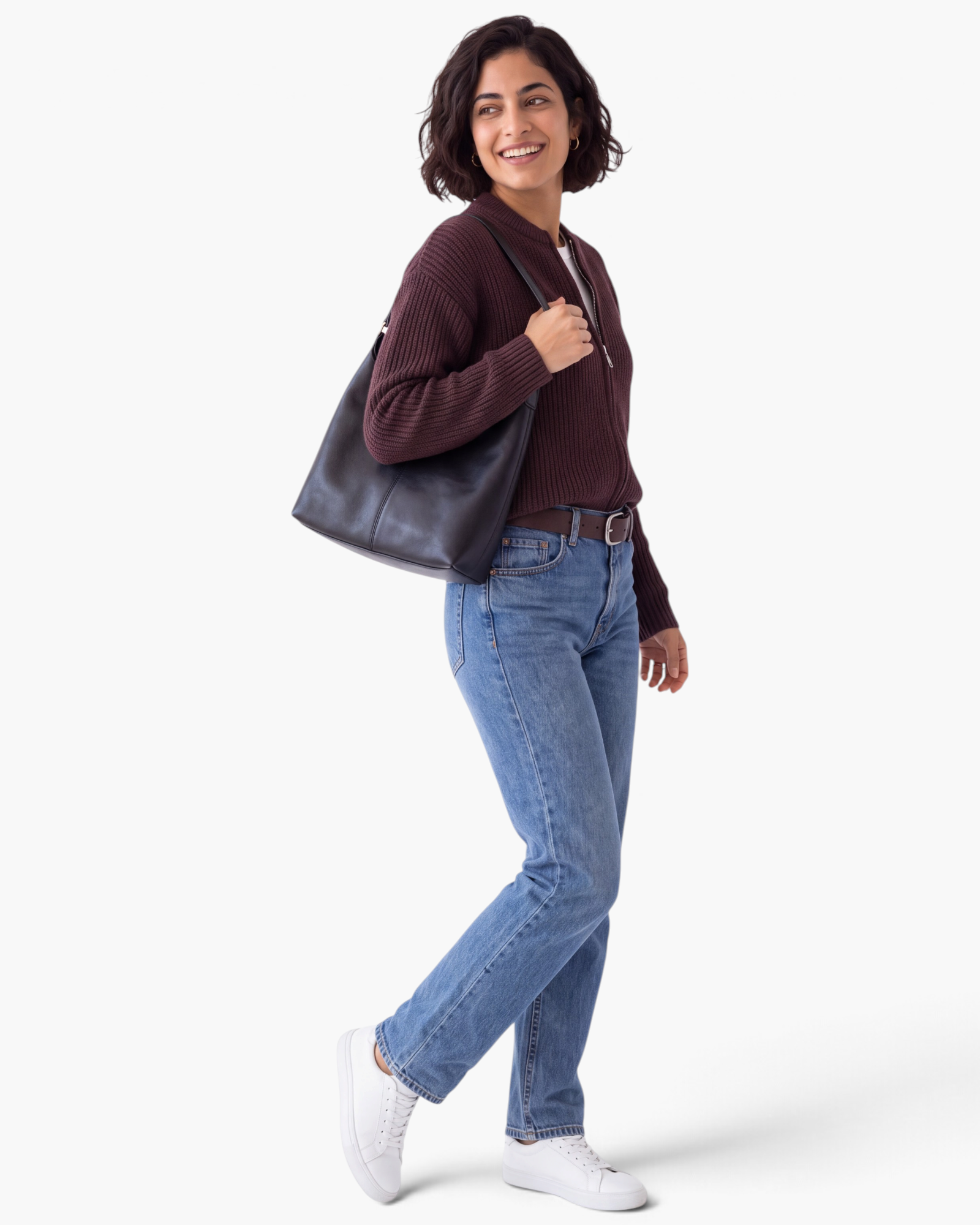 Beach Rose Co. coffee brown zip-up knit cardigan with ribbed trim and relaxed sleeves worn with jeans and a handbag.