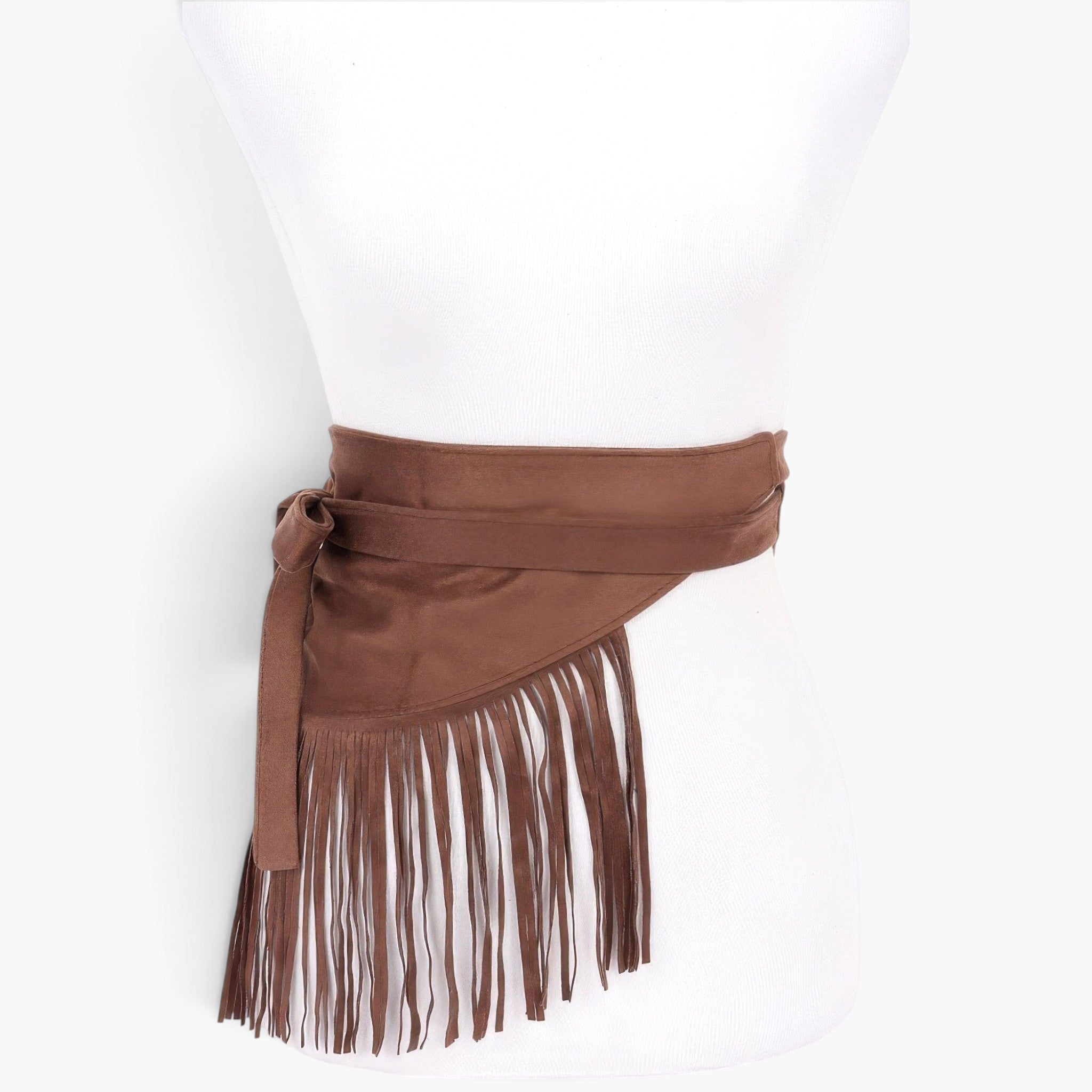 Beach Rose Co. coffee brown faux suede fringe belt tied on a white mannequin torso