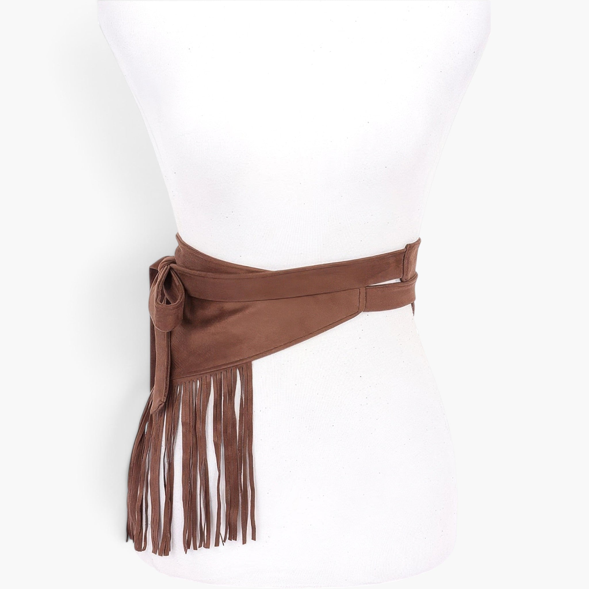 Beach Rose Co. coffee brown faux suede wrap belt featuring long decorative fringe on a white mannequin torso