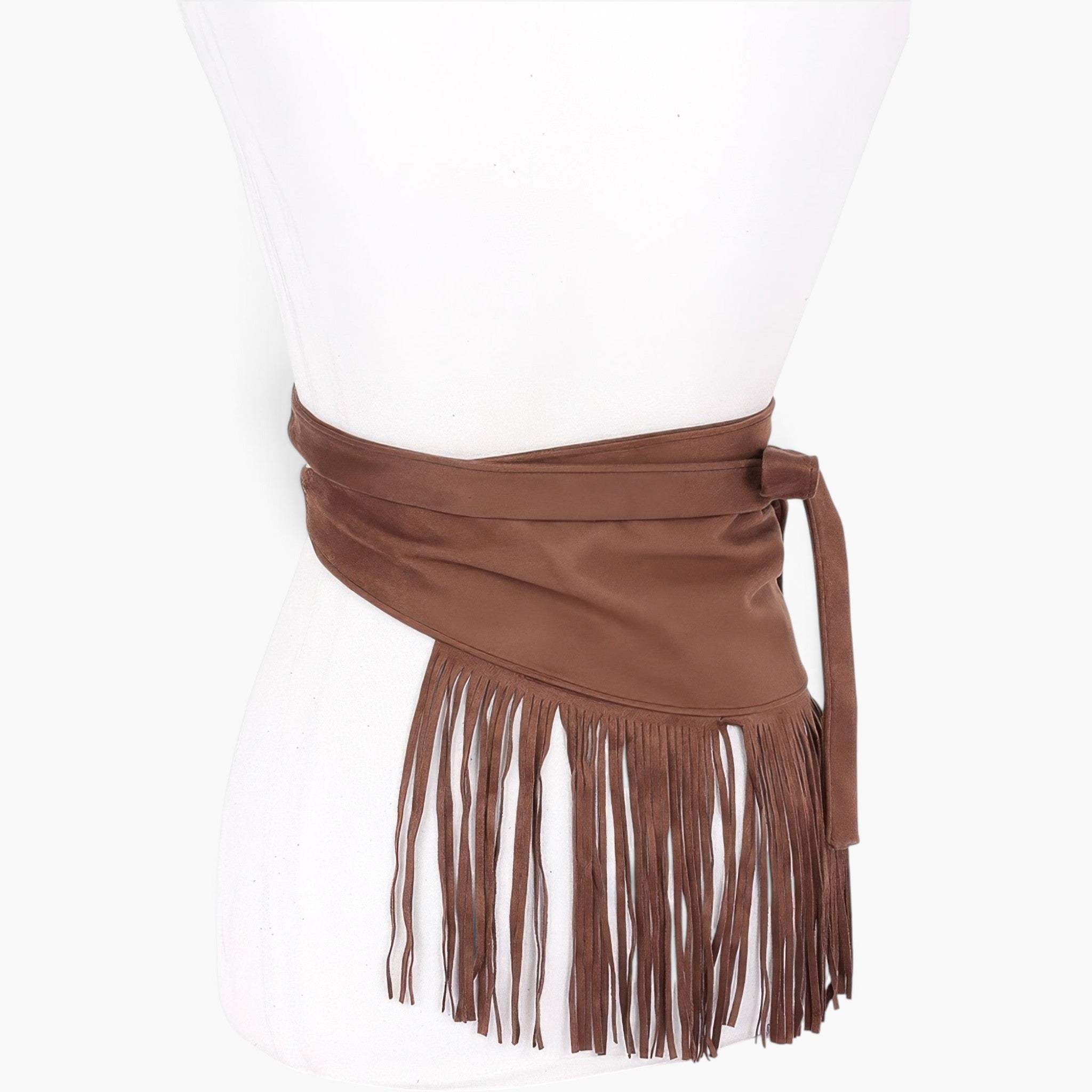 Beach Rose Co. coffee brown faux suede wrap belt featuring long fringe detailing on a white mannequin torso.
