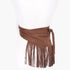 Beach Rose Co. coffee brown faux suede wrap belt featuring long fringe detailing on a white mannequin torso.