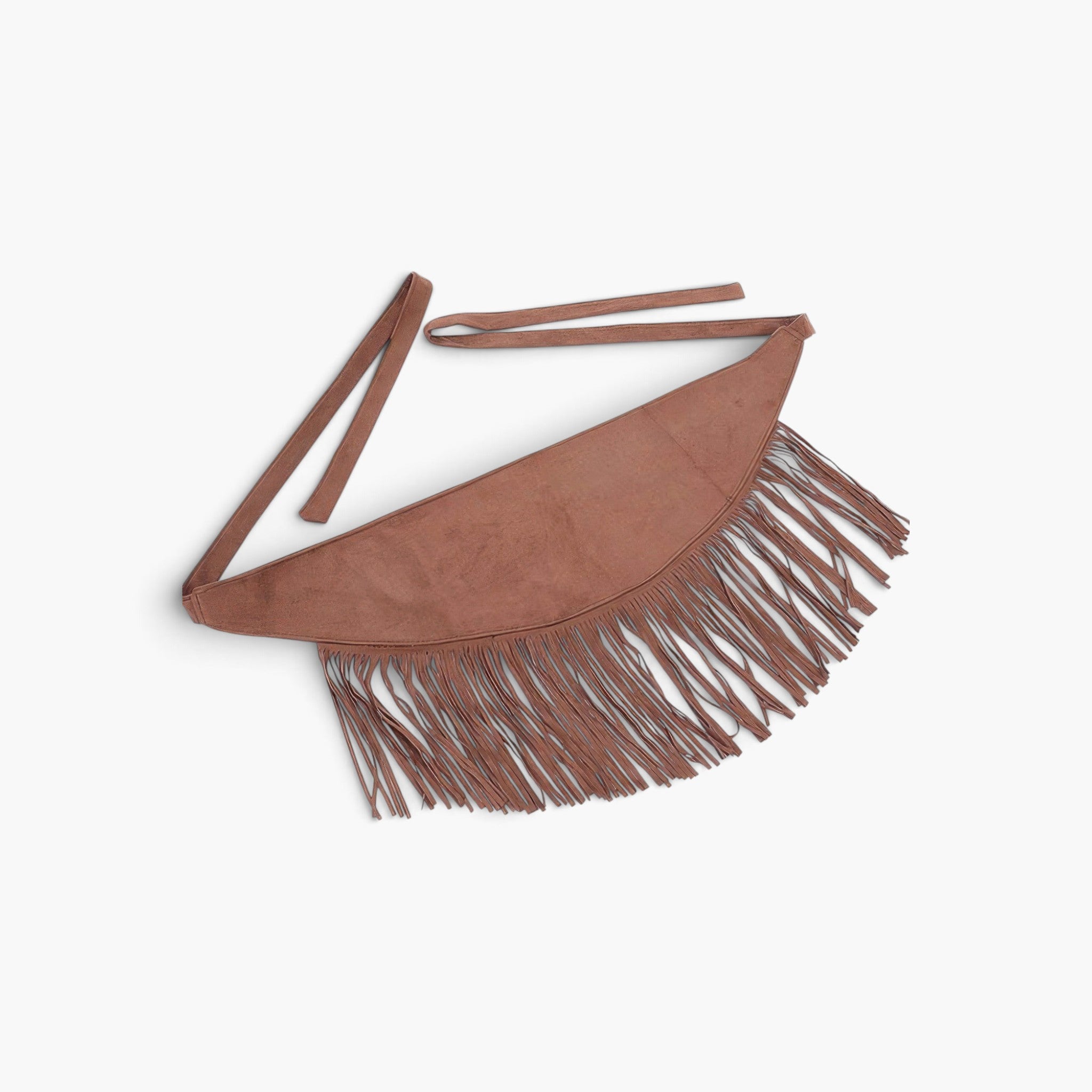 Beach Rose Co. coffee brown faux suede fringe belt with long dangling tassels for a boho style accessory