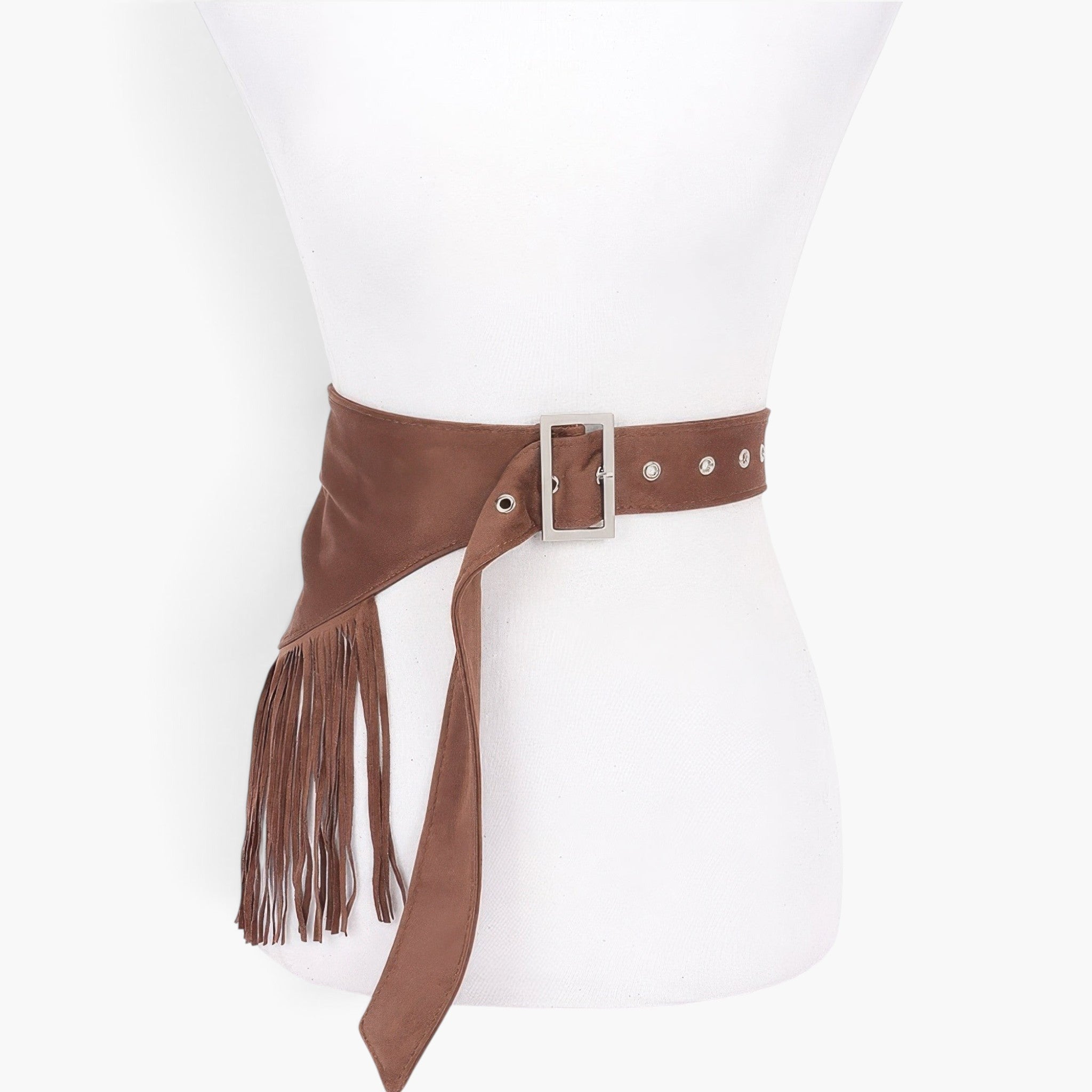 Beach Rose Co. coffee brown faux suede fringe belt with a silver buckle on a white mannequin torso