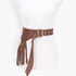 Beach Rose Co. coffee brown faux suede fringe belt with a silver buckle on a white mannequin torso