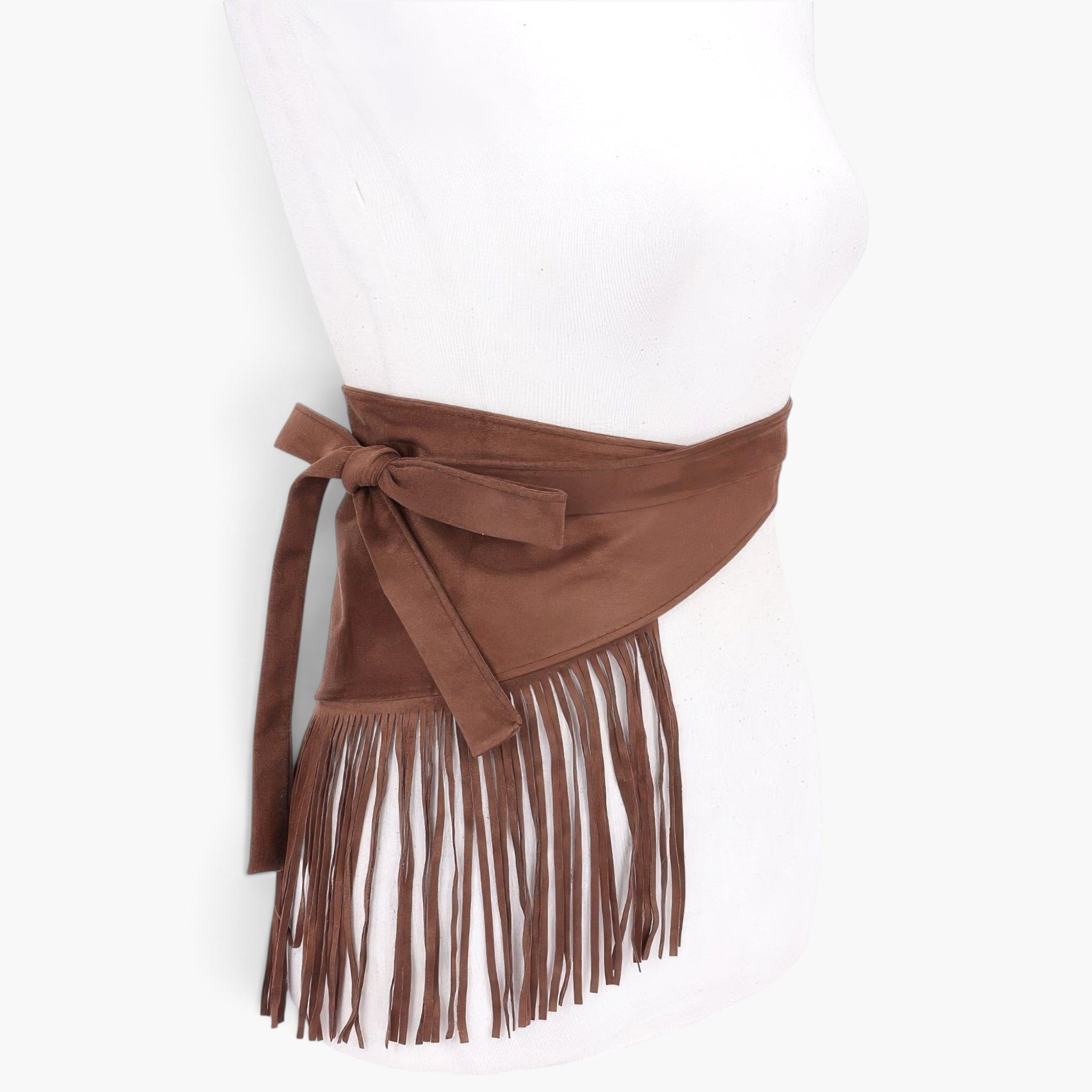 Beach Rose Co. coffee brown faux suede wrap belt featuring long fringe detailing tied on a white mannequin torso