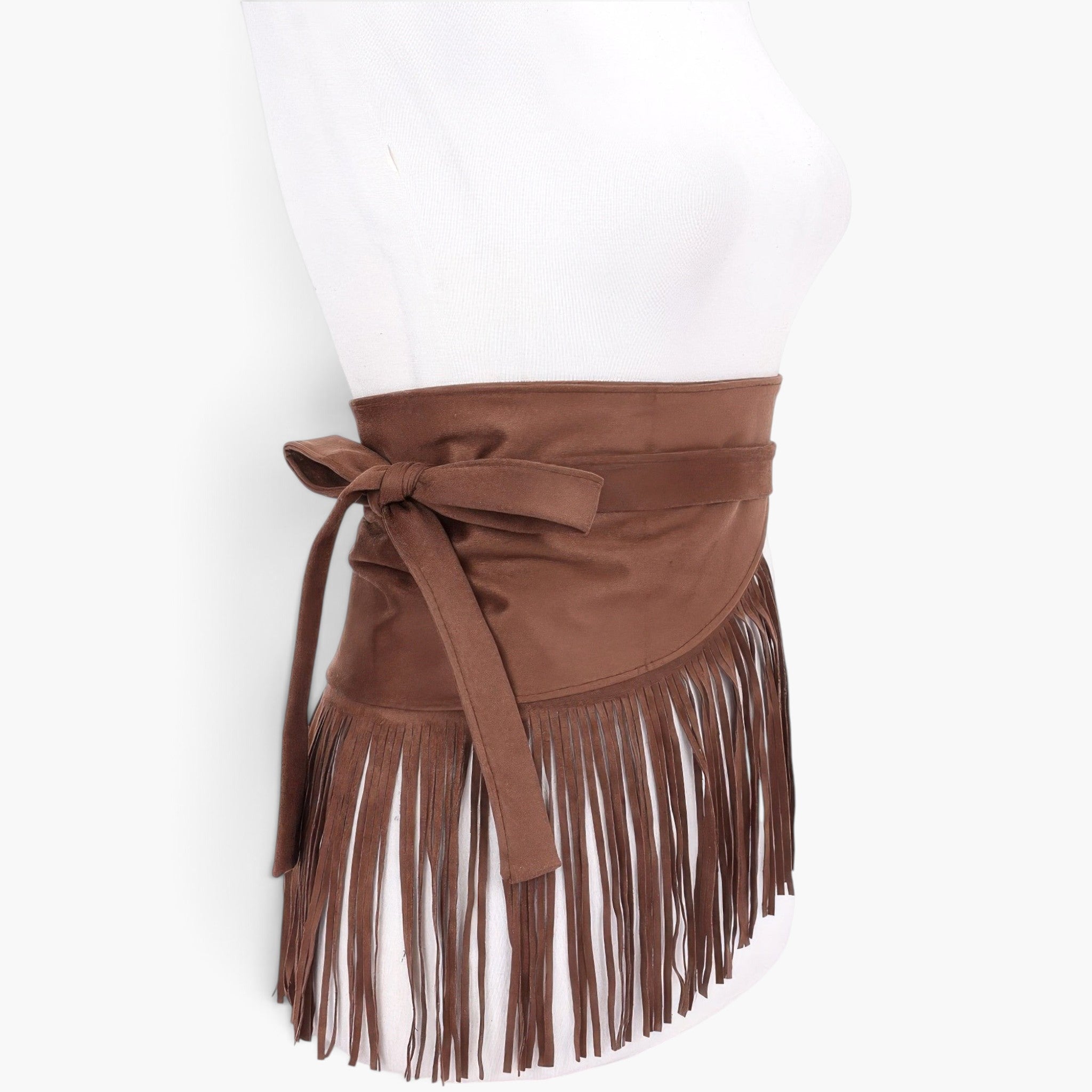Beach Rose Co. coffee brown faux suede wrap belt featuring long fringe detailing and a side tie closure on a mannequin