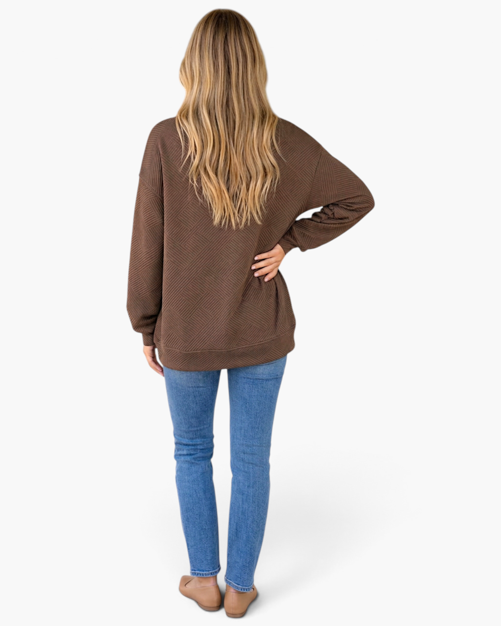 Beach Rose Co. coffee brown sweatshirt with geometric texture, crew neck, and relaxed fit worn with blue jeans