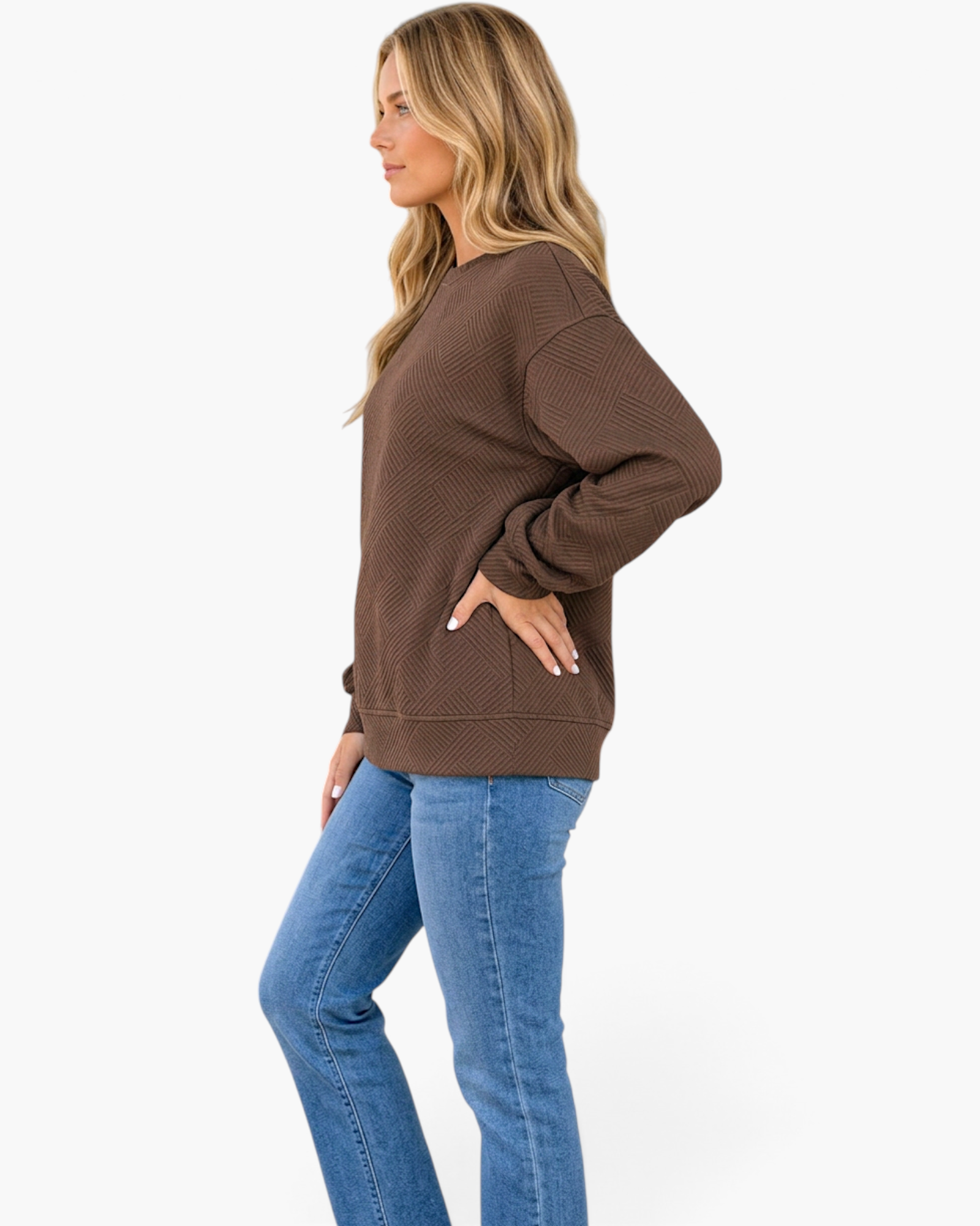 Beach Rose Co. coffee brown crew neck sweatshirt with geometric texture and relaxed fit worn by a blonde model