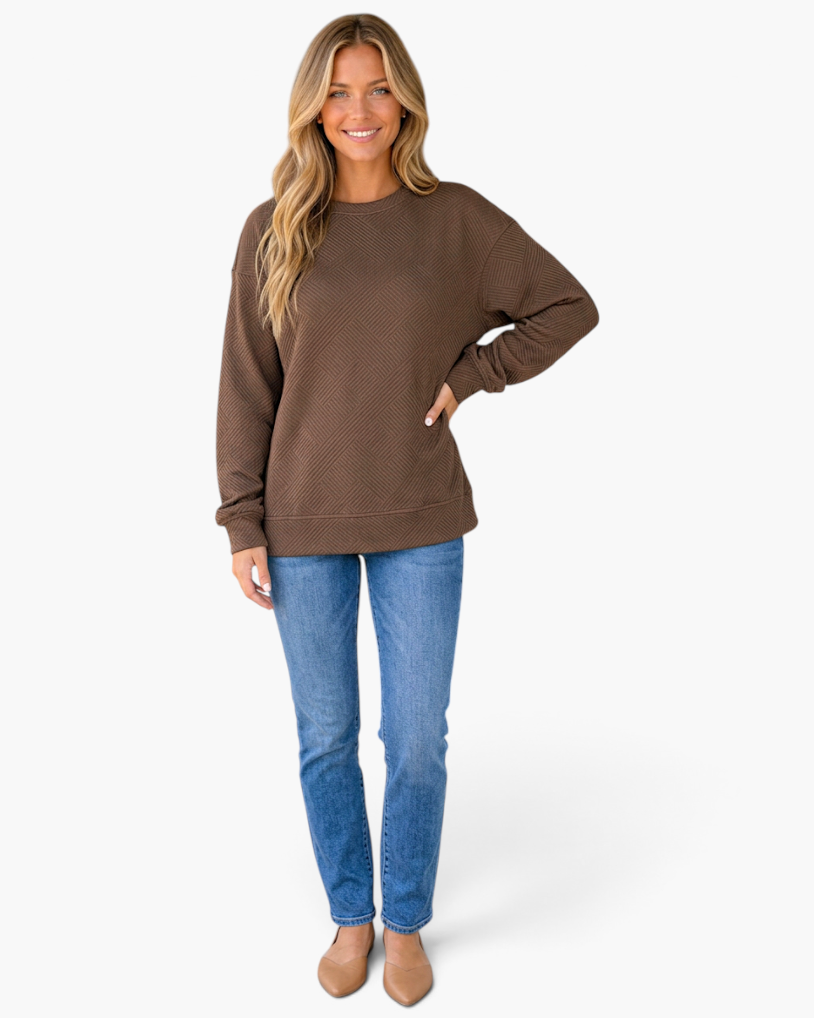 Beach Rose Co. coffee brown crew neck sweatshirt with geometric texture, worn by a smiling blonde model with jeans.