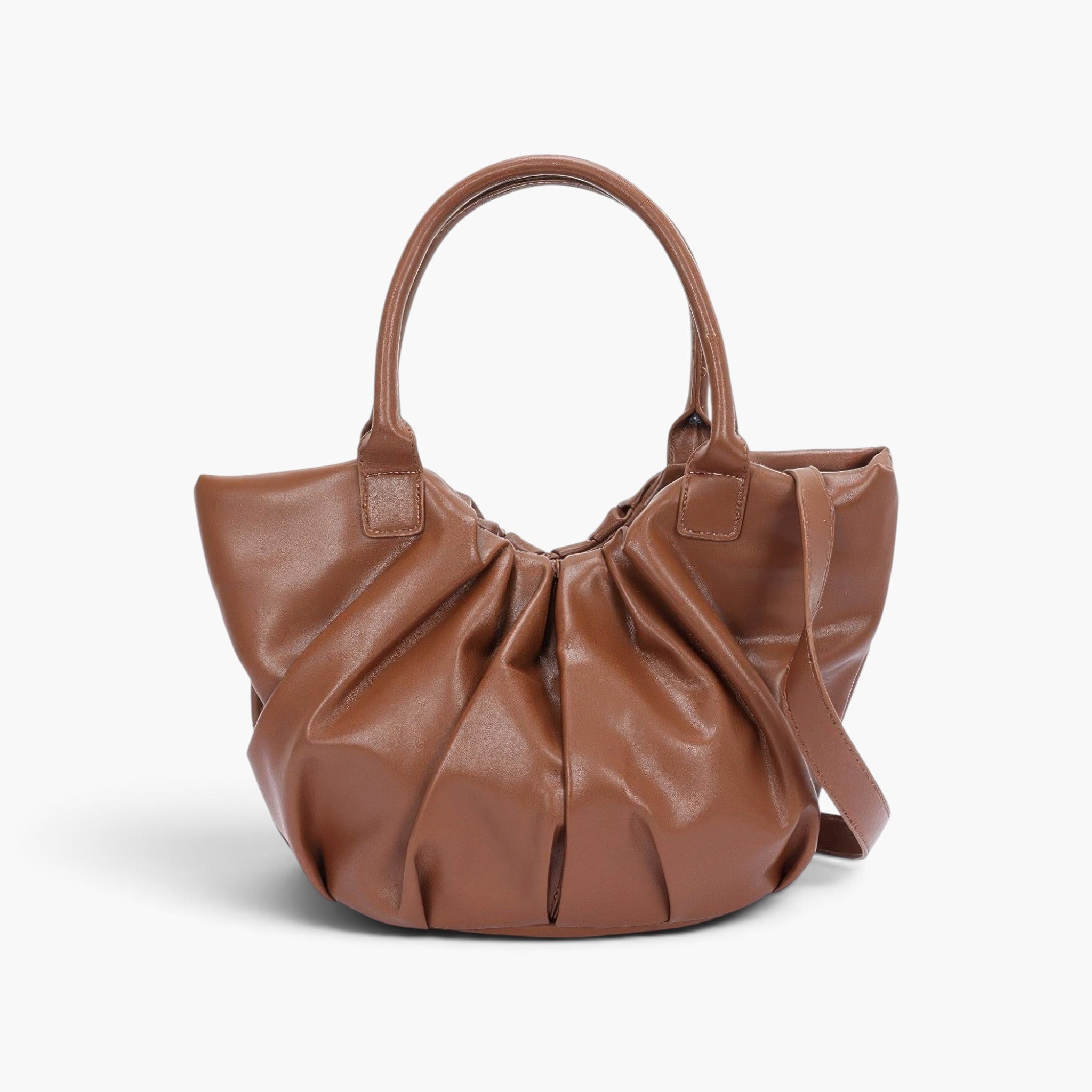 Beach Rose Co. coffee brown faux leather tote bag with stylish ruched detailing and sturdy handles