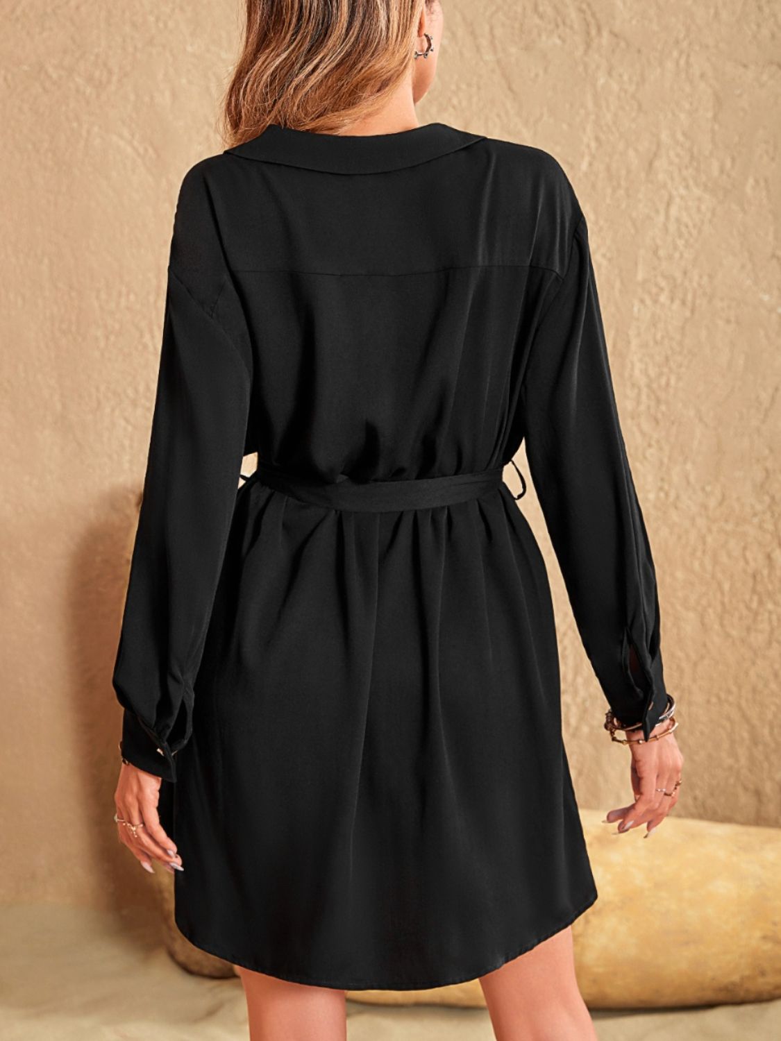 Beach Rose Co. - Collared Neck Long Sleeve Mini Dress in Black