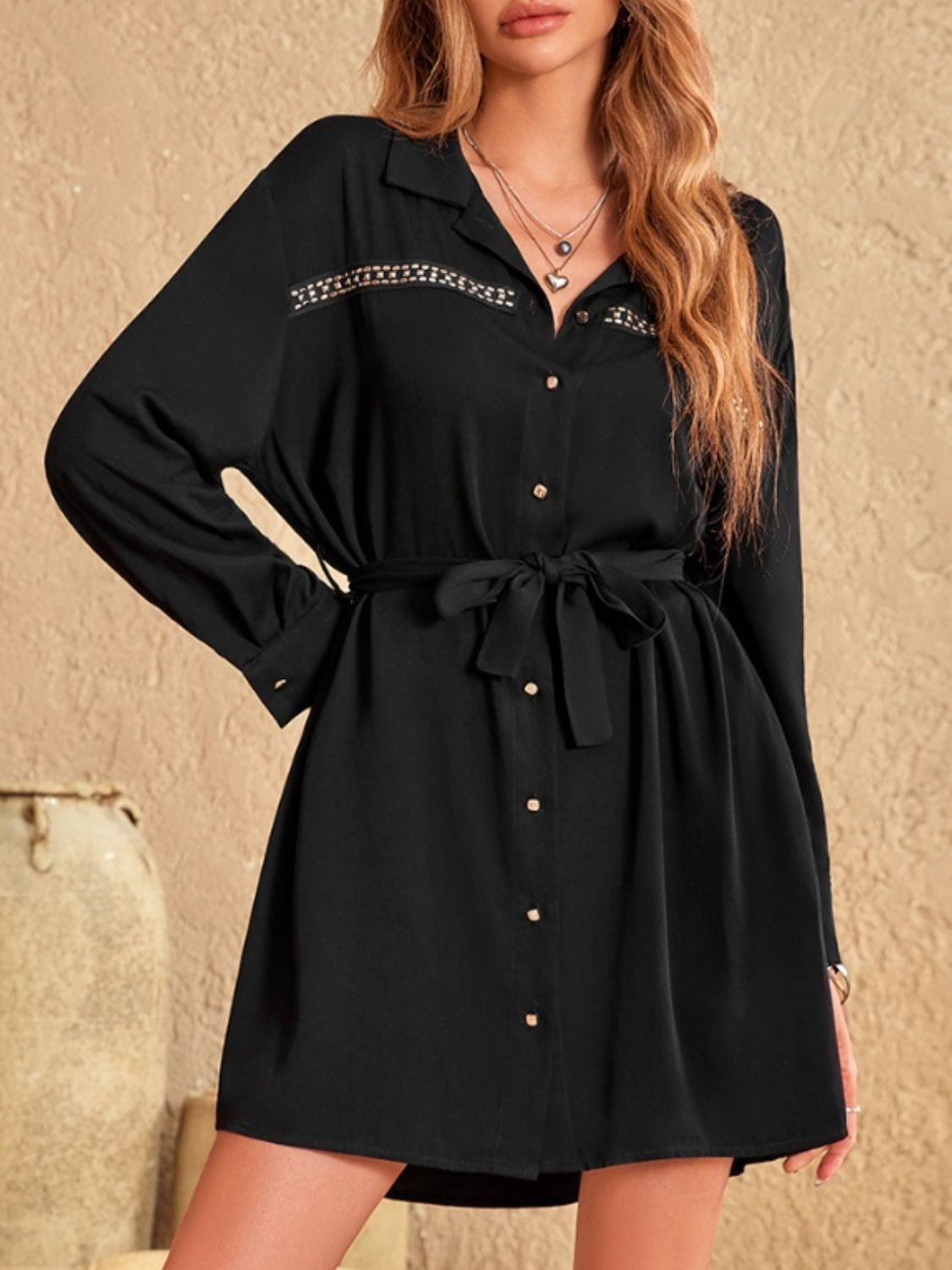 Beach Rose Co. - Collared Neck Long Sleeve Mini Dress in Black