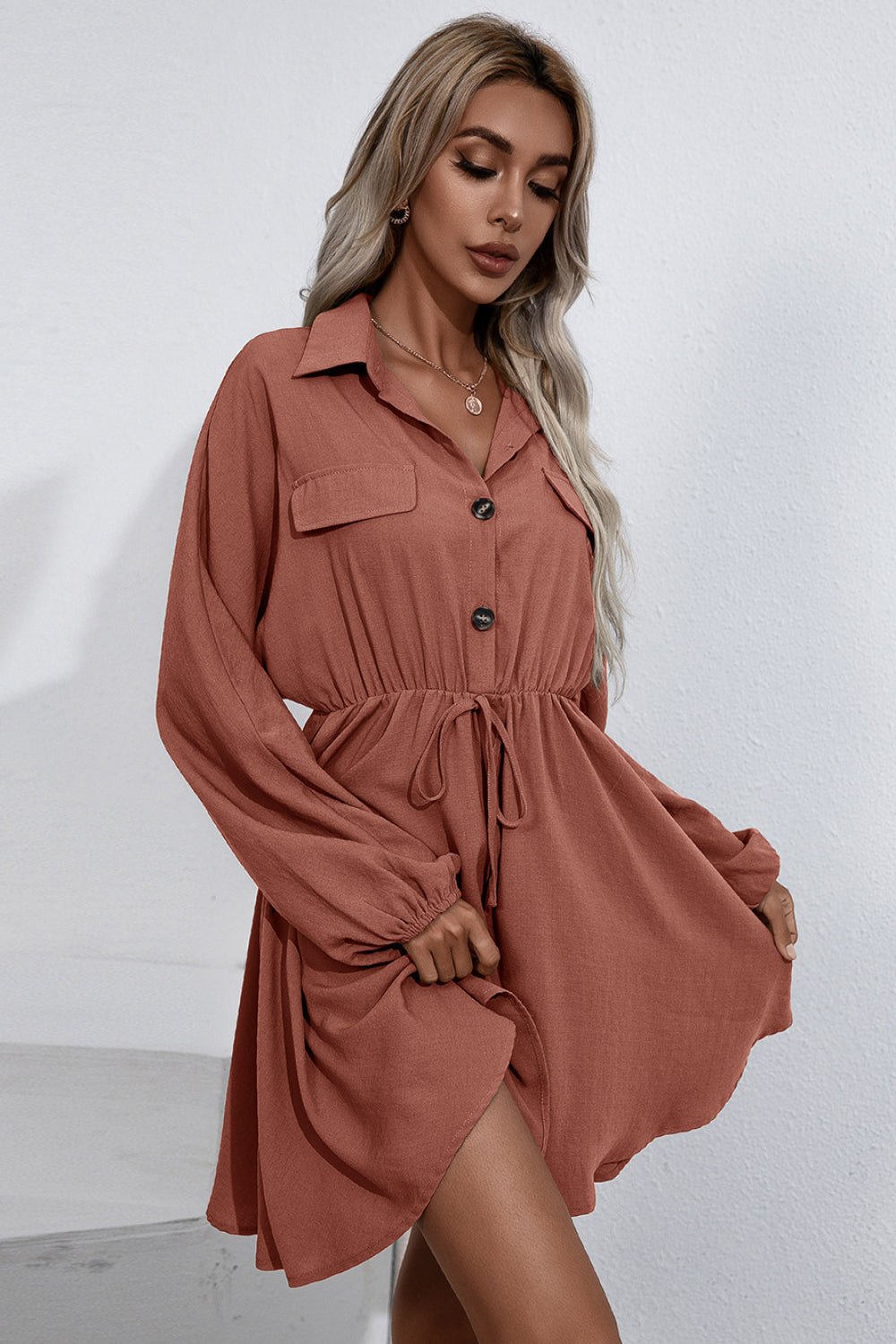 Beach Rose Co. - Collared Tie Waist Button Up Mini Shirt Dress