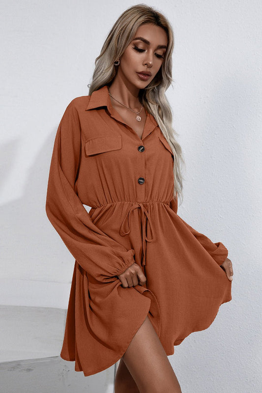 Beach Rose Co. - Collared Tie Waist Button Up Mini Shirt Dress