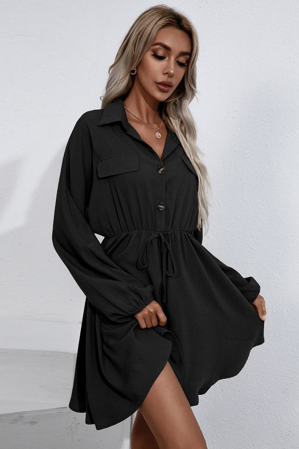 Beach Rose Co. - Collared Tie Waist Button Up Mini Shirt Dress