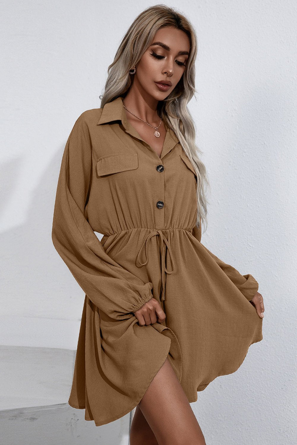 Beach Rose Co. - Collared Tie Waist Button Up Mini Shirt Dress