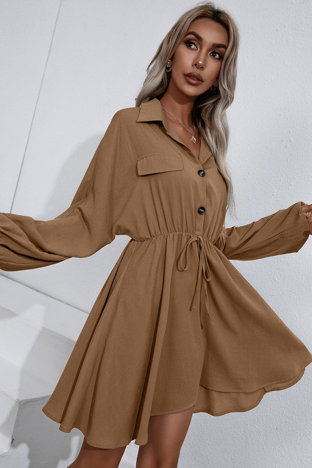 Beach Rose Co. - Collared Tie Waist Button Up Mini Shirt Dress