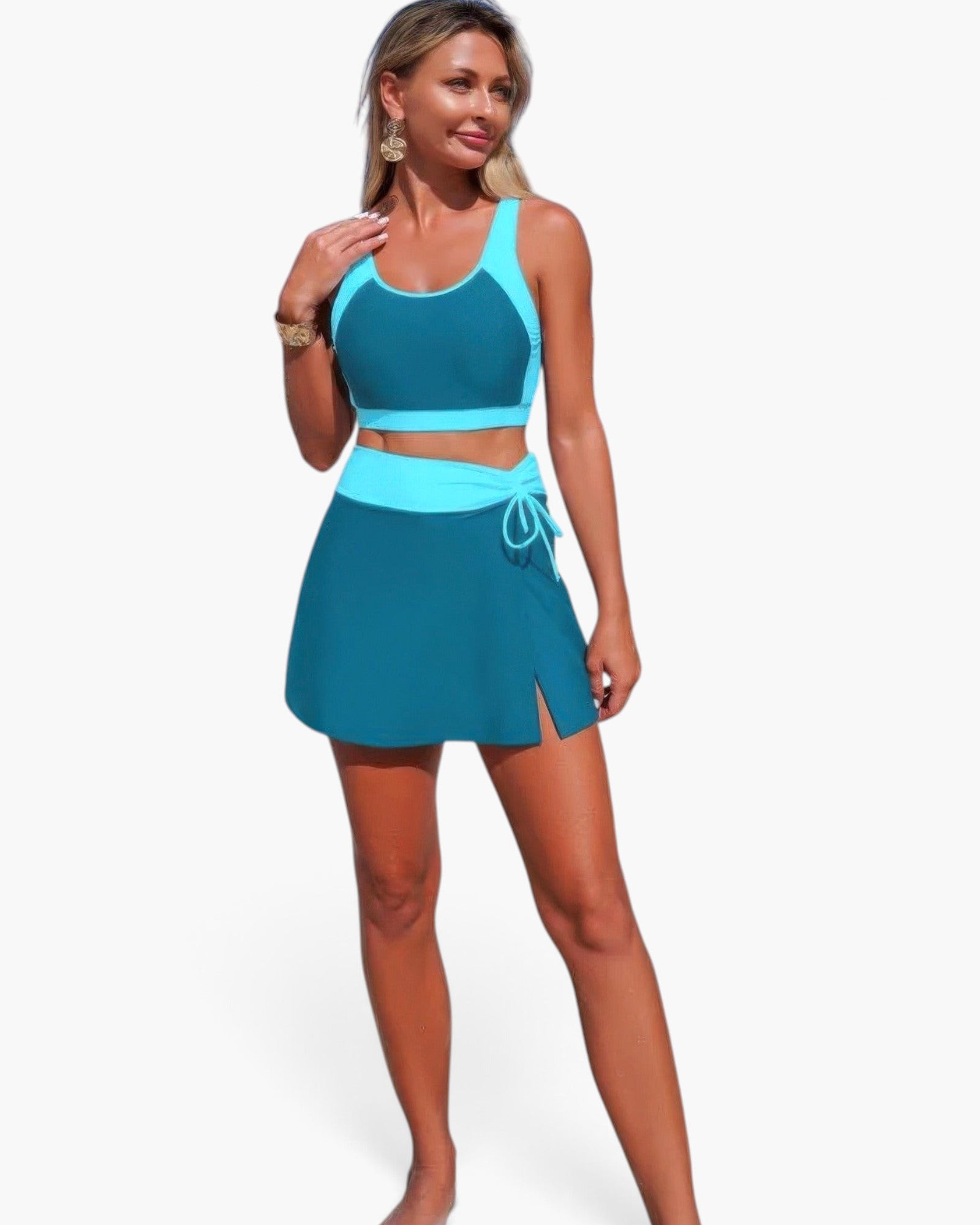Beach Rose Co. two-piece color block bikini with a teal and light blue scoop neck top and high-waisted skirt bottom.