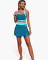 Beach Rose Co. two-piece color block bikini with a teal and light blue scoop neck top and high-waisted skirt bottom.
