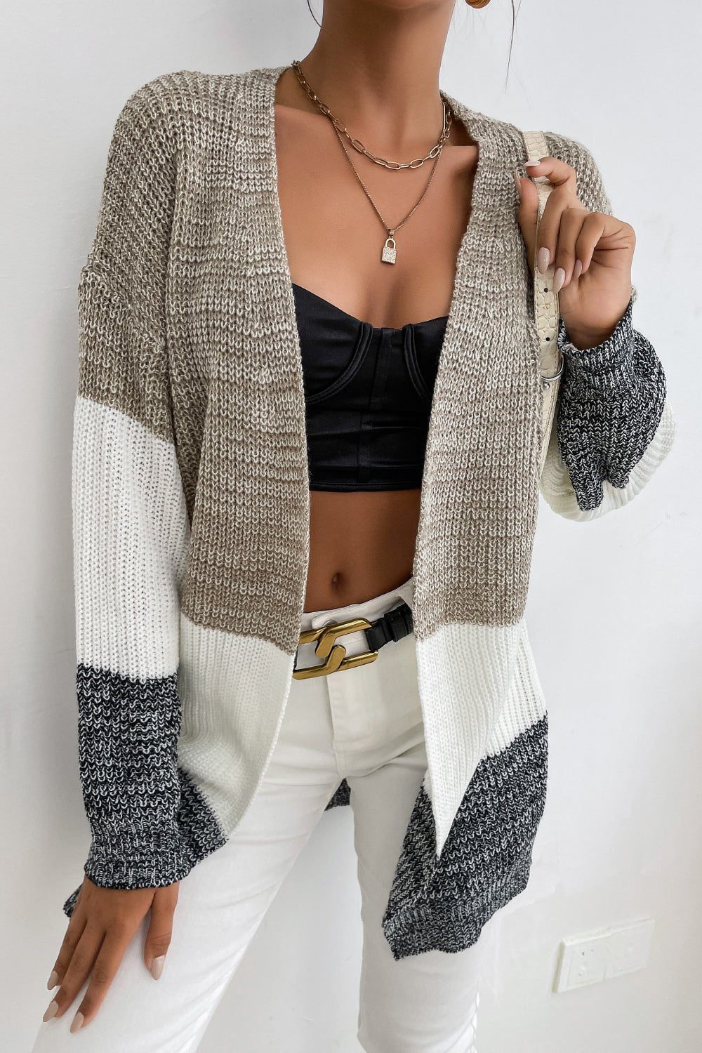 Beach Rose Co. - Color Block Open Front Cardigan in Khaki