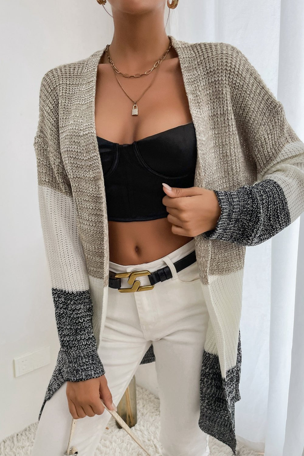 Beach Rose Co. - Color Block Open Front Cardigan in Khaki