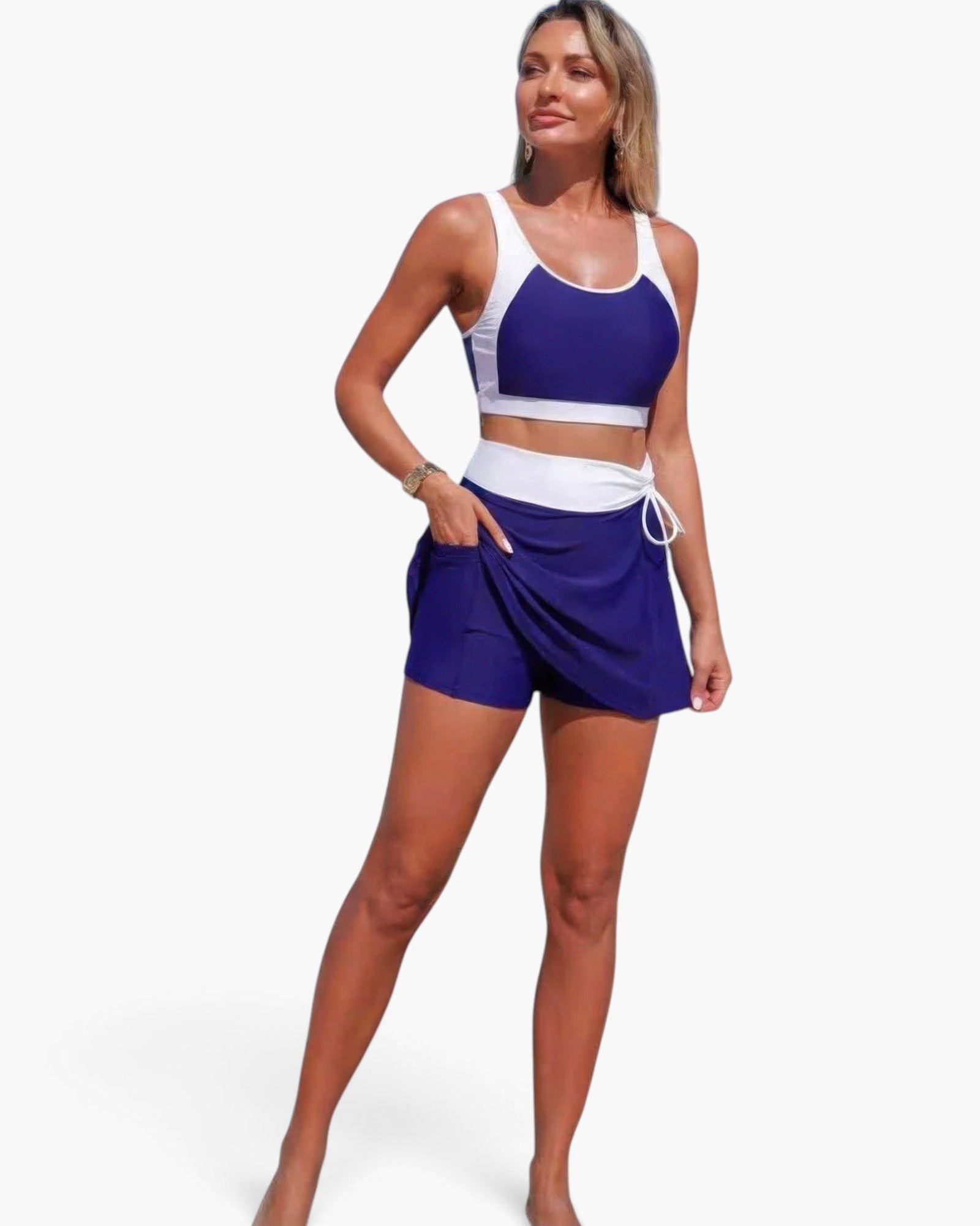 Beach Rose Co. two-piece color block bikini with a navy and white high-waisted skirted bottom and matching crop top.