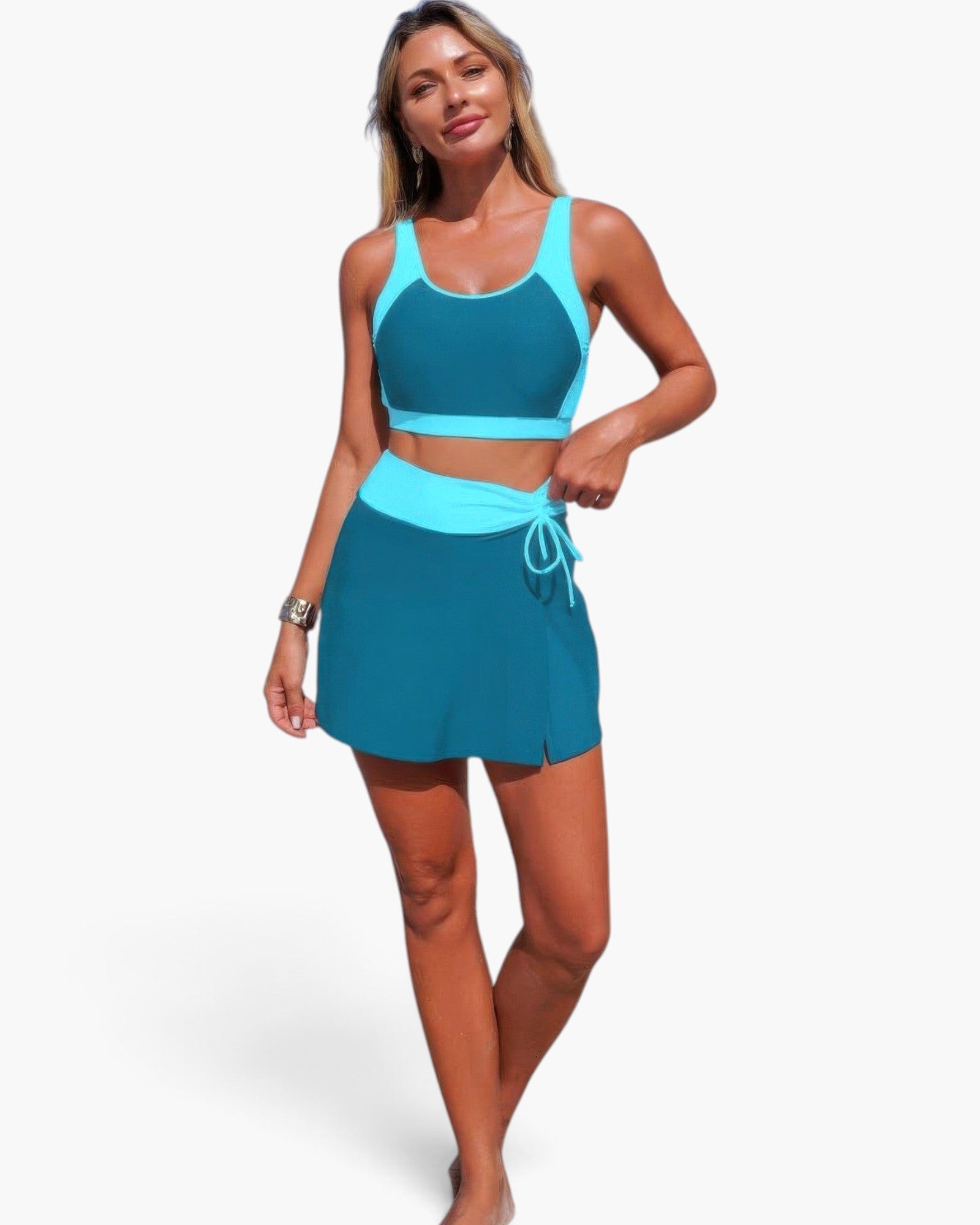Beach Rose Co. two-piece color block bikini with a teal and light blue sports bra top and high-waisted skirt bottom.