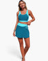 Beach Rose Co. two-piece color block bikini with a teal and light blue sports bra top and high-waisted skirt bottom.