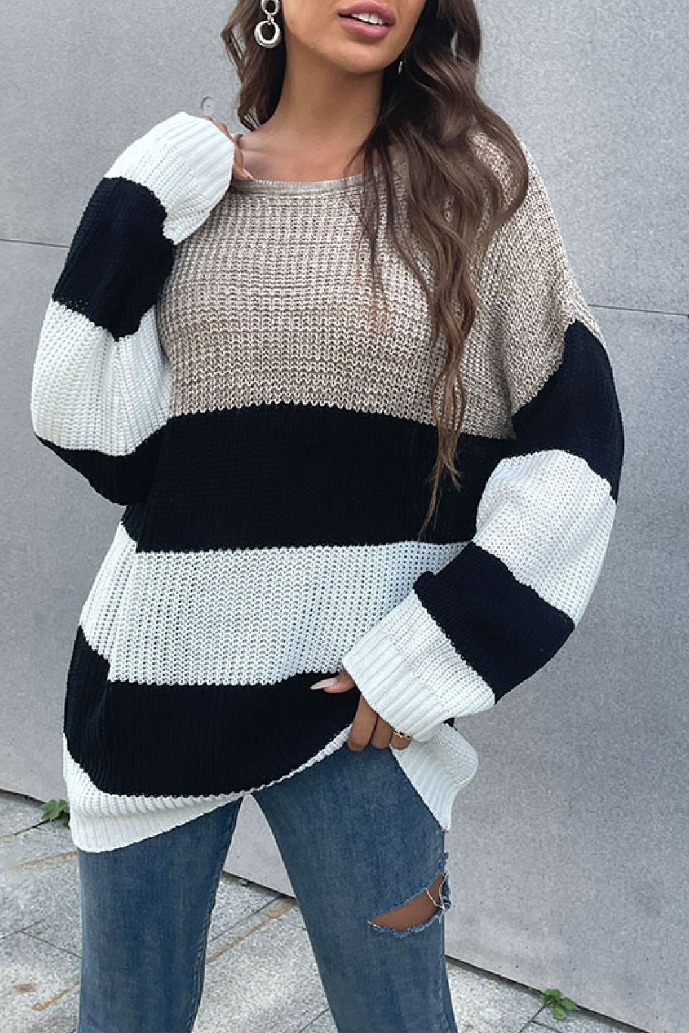 Beach Rose Co. - Color Block Striped Long Sleeve Sweater in Khaki White