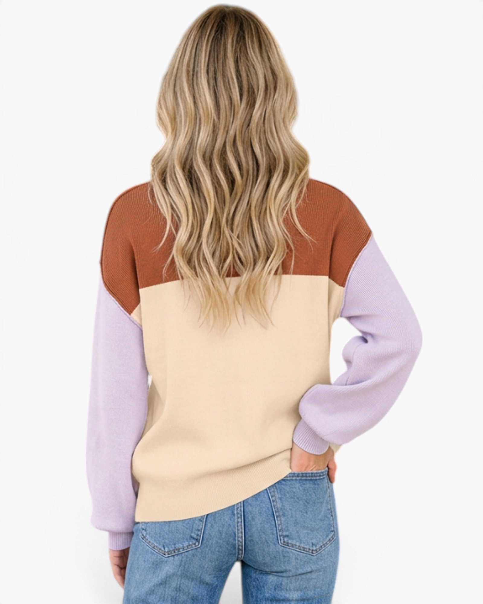 Beach Rose Co. color block sweater in rust, cream, and lavender with dropped shoulders and ribbed trim, back view.