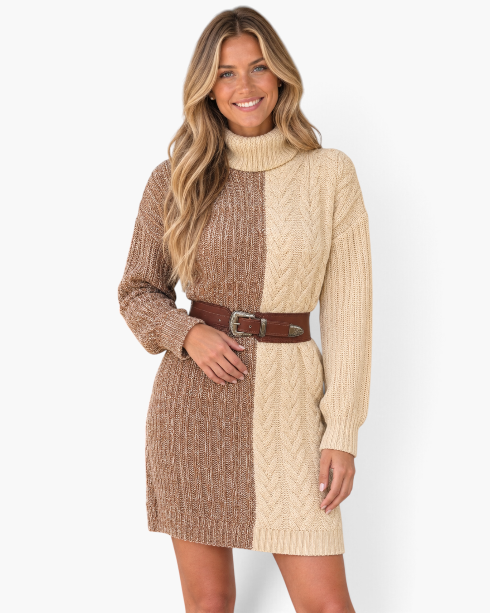 Beach Rose Co. cream and brown color block turtleneck sweater dress with mixed cable knit and ribbed textures