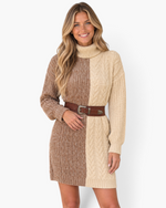 Beach Rose Co. cream and brown color block turtleneck sweater dress with mixed cable knit and ribbed textures