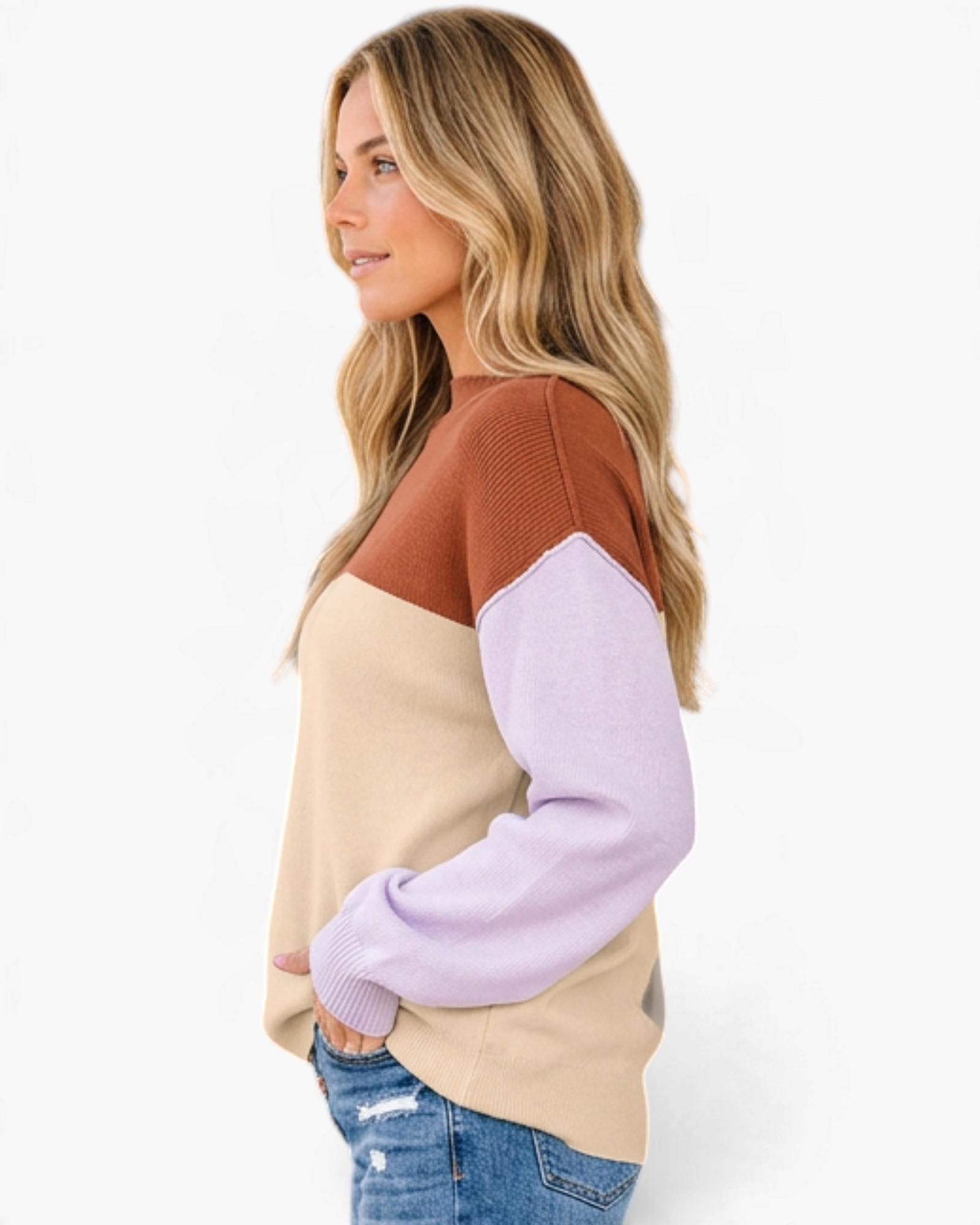 Beach Rose Co. color block sweater in rust, cream, and lavender with dropped shoulders and ribbed trim, side view.
