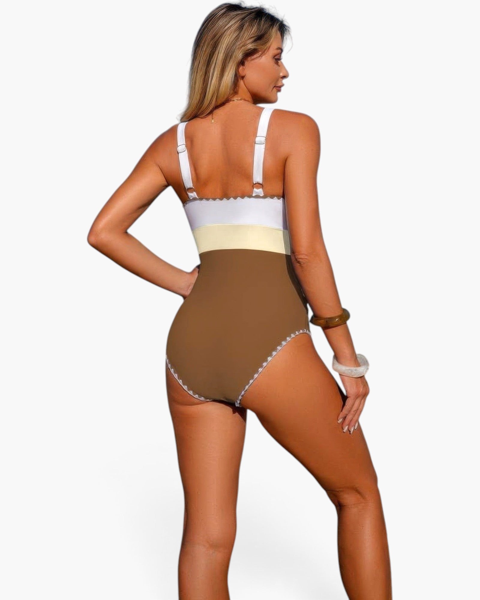 Beach Rose Co. one-piece swimsuit featuring a brown, cream, and white color block design with a U-neckline and straps.